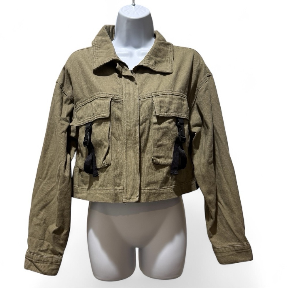 Lilac Sunset Cropped Utility Jacket Khaki Cargo Streetwear Y2K Size M